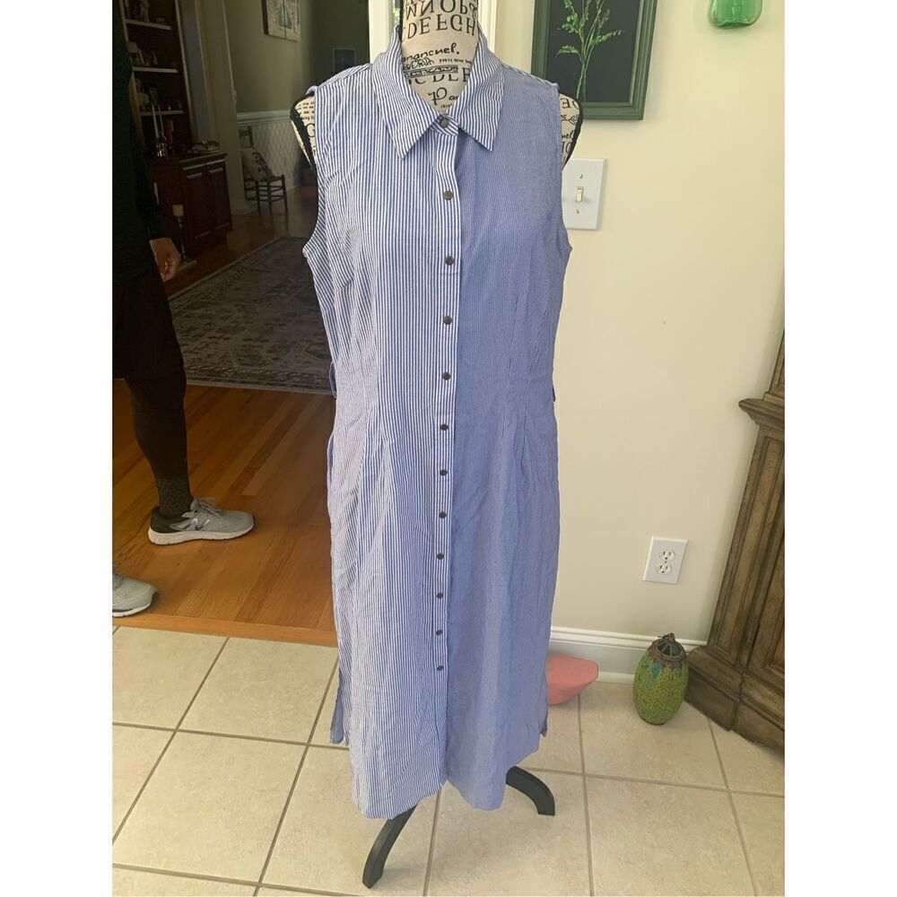 Elie Tahari Shirt Dress Striped Sleeveless Stretch Belted Pockets Snap Front